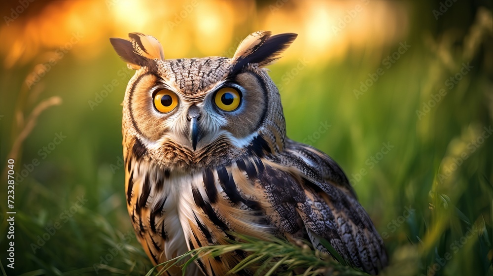 Selective focus shot of a brown and black owl sitting in a grassy field Selective focus shot of a brown and black owl sitting in a grassy field
