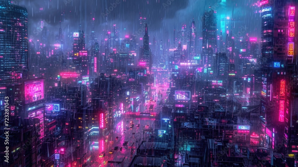 Cyberpunk-inspired neon cityscapes with intricate details and a futuristic color palette