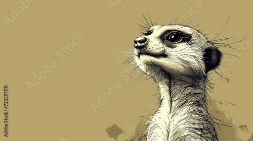  a black and white drawing of a meerkat looking up at something off to the side with it's head tilted to the side and eyes slightly to the side.