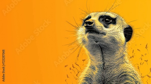  a close up of a meerkat's face on a yellow background with a bunch of bugs coming out of the back of the meerkat's face.