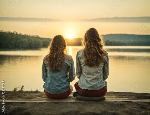 back side view, two young woman sitting on seat on sunset on the shore of a lake