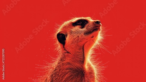  a close - up of a meerkat's head on a red background, with a red background and a red sky in the middle of the image is the meerkat's upper half of the meerkat. © Nadia