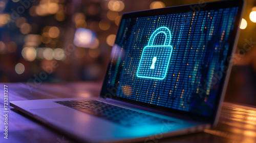 Glowing padlock symbol on laptop screen, symbolizing cybersecurity, against a blurred background photo