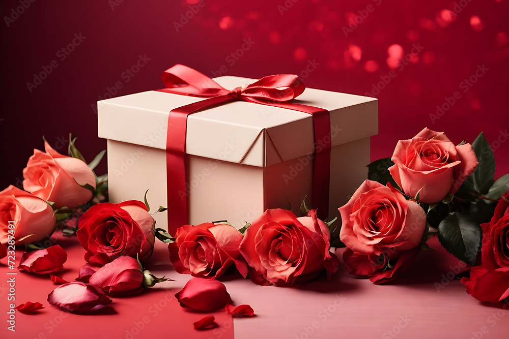 Red roses flowers with a gift box on a nice background Red roses flowers with a gift box on a nice background