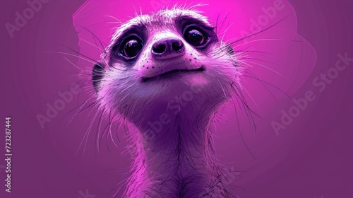  a painting of a meerkat looking up with a heart shaped object in the middle of it's face, on a purple background with a pink background.