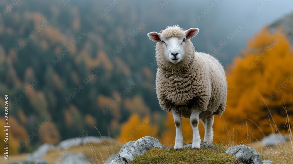 A beautiful big fat sheep stands and looks at the camera A beautiful big fat sheep stands and looks at the camera