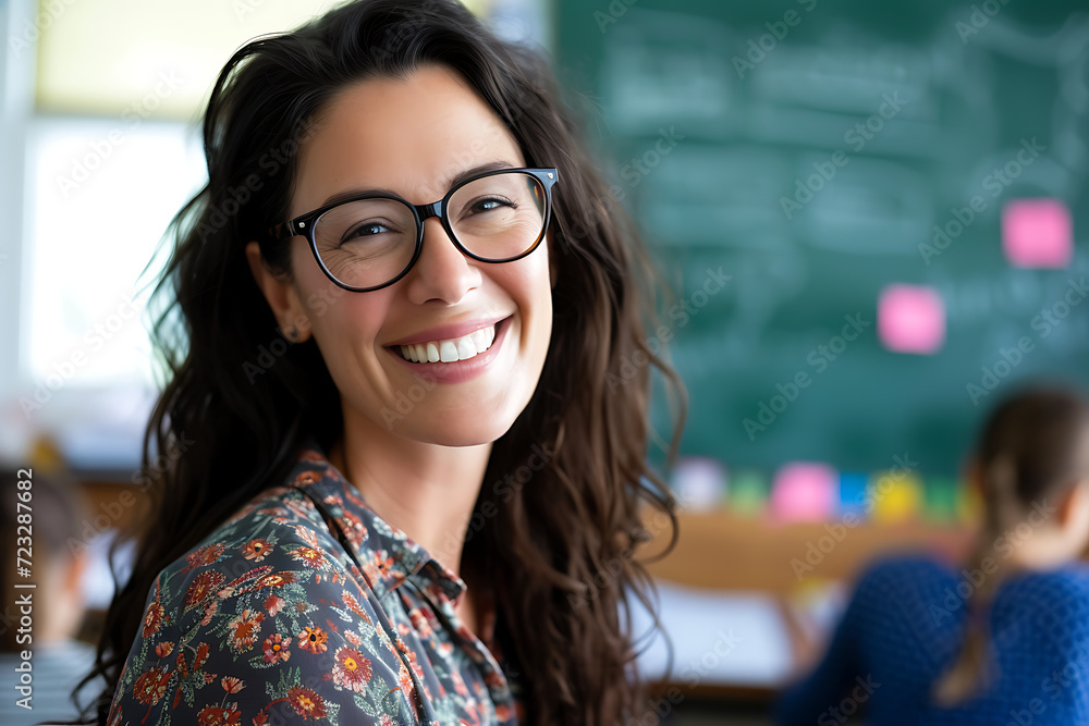 Portrait of happy female teacher wearing eyeglasses in classroom at school. Portrait of happy female teacher wearing eyeglasses in classroom at school.