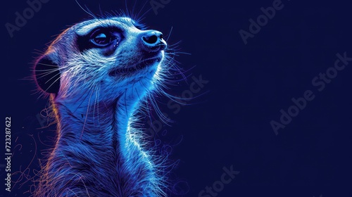  a close - up of a meerkat's face with its eyes wide open in front of a dark background, with the image of the meerkat looking up.