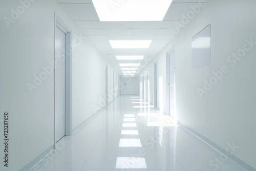 Long bright corridor in scientific laboratory building. Clean white hallway. Generative AI