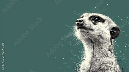  a close - up of a meerkat's face with snow flakes falling off of the back of it's head and on a teal green background.