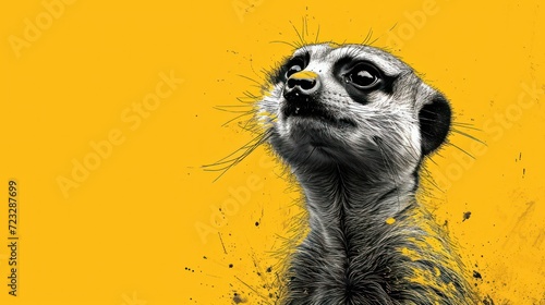  a close up of a meerkat's face with yellow and black paint splattered on the side of the face and the back of the meerkat's head.