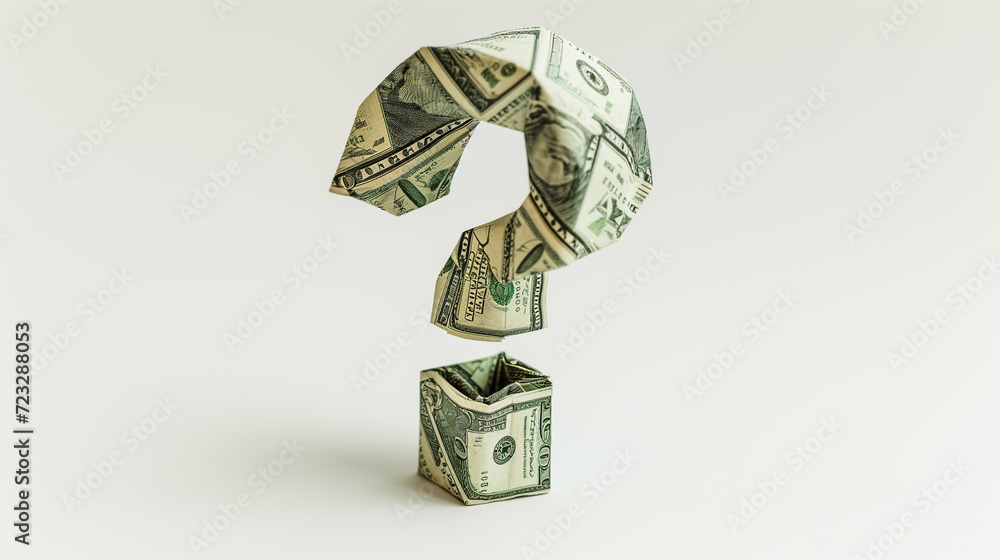 intricate dollar bill origami forming a question mark, symbolizing ...