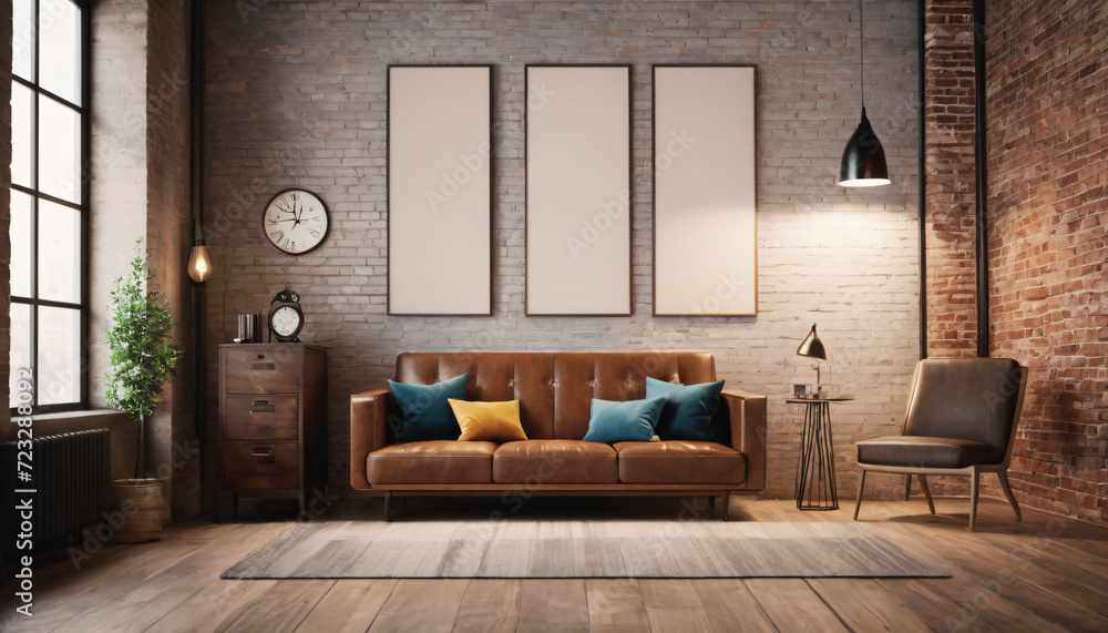 Fototapeta premium Showcase Your Talent, Elegant Living Room with Brown Leather Sofa Mockup, Modern Home Decor and Interior Design Stock Photography