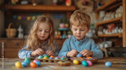 A boy and an eight-year-old girl paint eggs for Easter