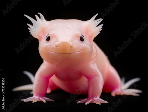 a pink salamander with black eyes