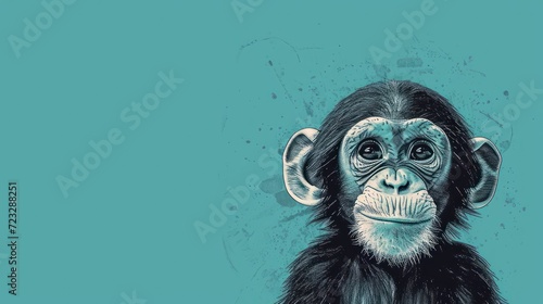  a drawing of a monkey's face on a teal background with a splash of paint on the lower half of the face and bottom half of the monkey's face.