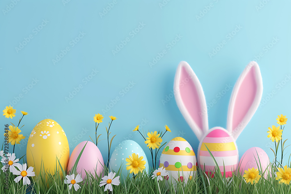 3D Easter greeting card with bunny ears and flowers on background.