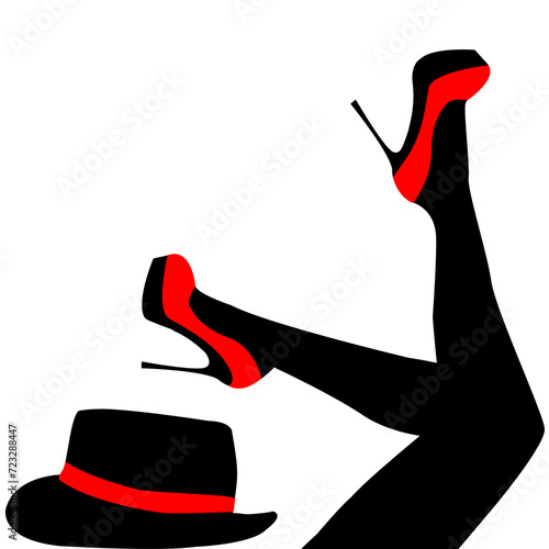 Legs in black tights with red shoes and hat next to them