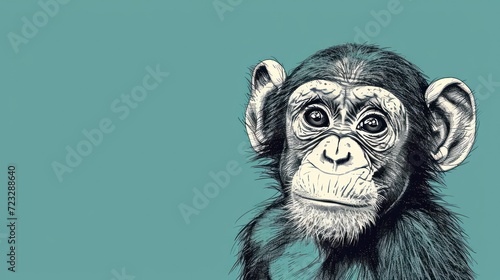  a drawing of a monkey's face on a blue background with a black and white line drawing of a monkey's face on a teal blue background.