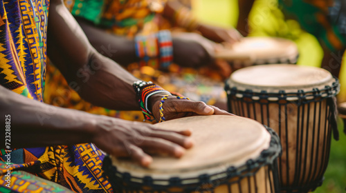 A traditional African drum circle with various percussion instruments captured in an outdoor cultural setting.