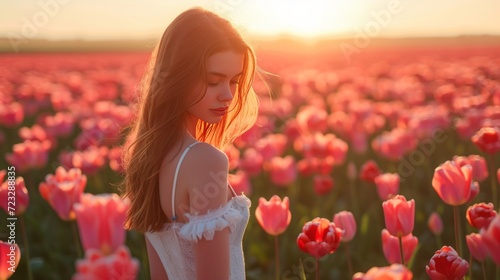 A beautiful girl walks through a field with blooming tulips
