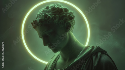 Mysterious ancient statue profile with glowing neon halo and vapor
