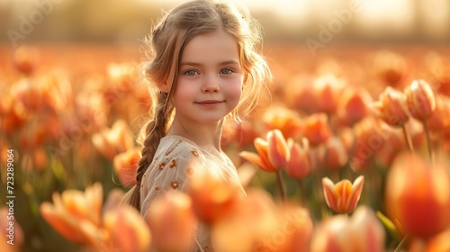 A beautiful young girl walks through a field with blooming tulips