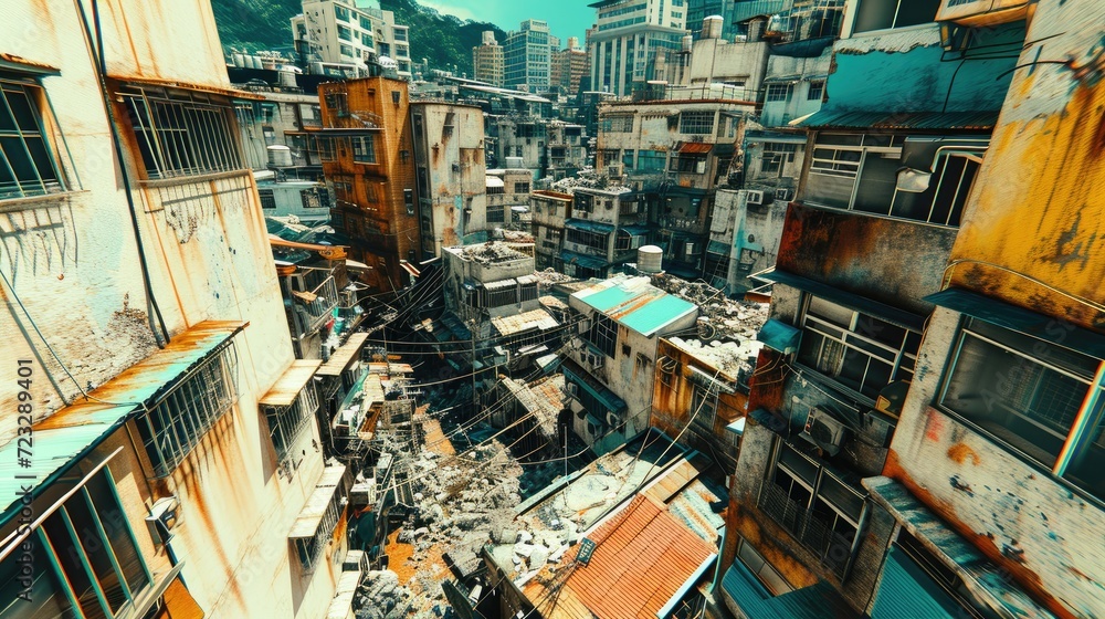 Aerial View of Crowded Slum Rooftops in City