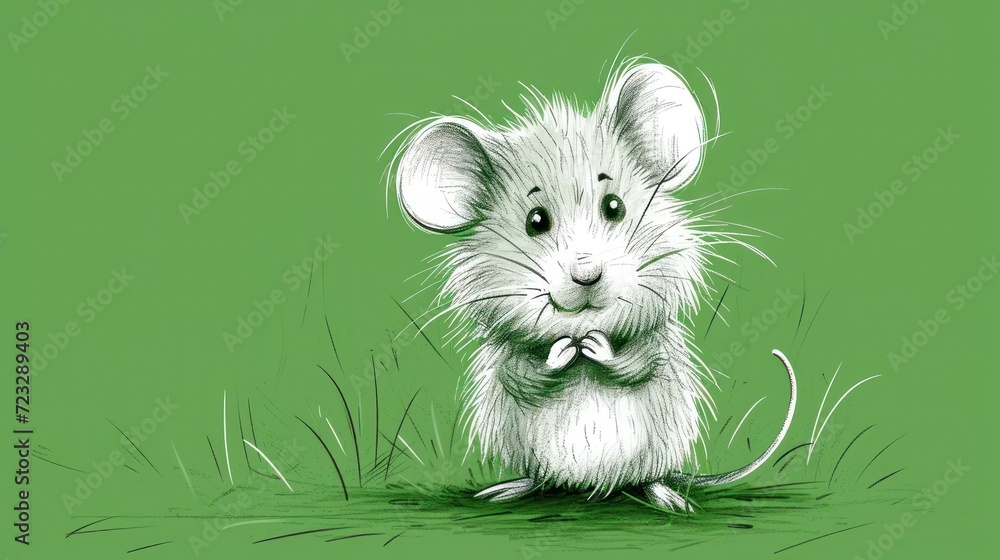 a drawing of a white mouse sitting in the grass with a bow tie around it's neck and eyes wide open, on a green background with grass and grass. a drawing of a white mouse sitting in the grass with a bow tie around it's neck and eyes wide open, on a green background with grass and grass.