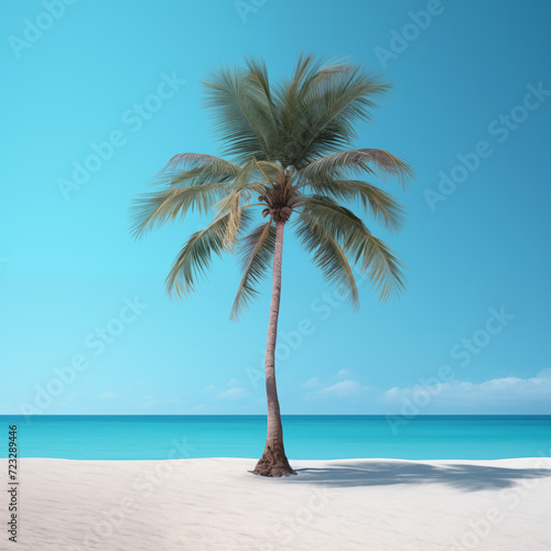 Palm tree on the beach on white sand against the backdrop of the sea and blue sky