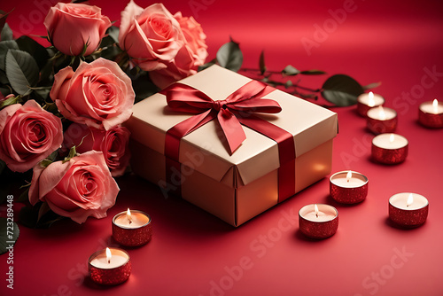 Red roses flowers with a gift box on a nice background