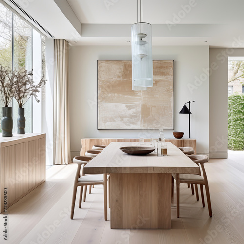 minimalist modern neutral dining room light bright and airy wood dining table and chairs organic wabi sabi aesthetic big painting artwork © Vanhayley