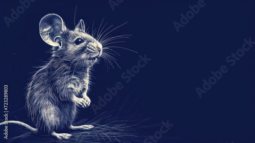  a black and white drawing of a mouse on a dark blue background with a white outline of a rat in the center of the image is looking at the viewer.
