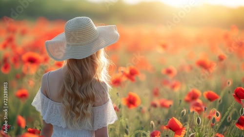 A beautiful girl walks through a field with blooming tulips
