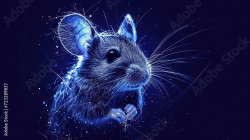  a digital painting of a mouse on a dark blue background with white dots around the mouse's head and the mouse's body visible part of the mouse's body.