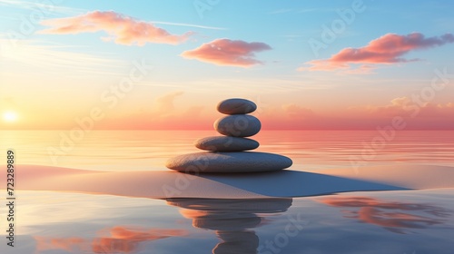 3d zen landscape with a stack of pebbles in sand against a sunset sky