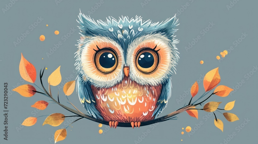  a painting of an owl sitting on a branch with autumn leaves on it's back and eyes wide open, on a gray background with yellow and orange leaves. - obrazy, fototapety, plakaty 