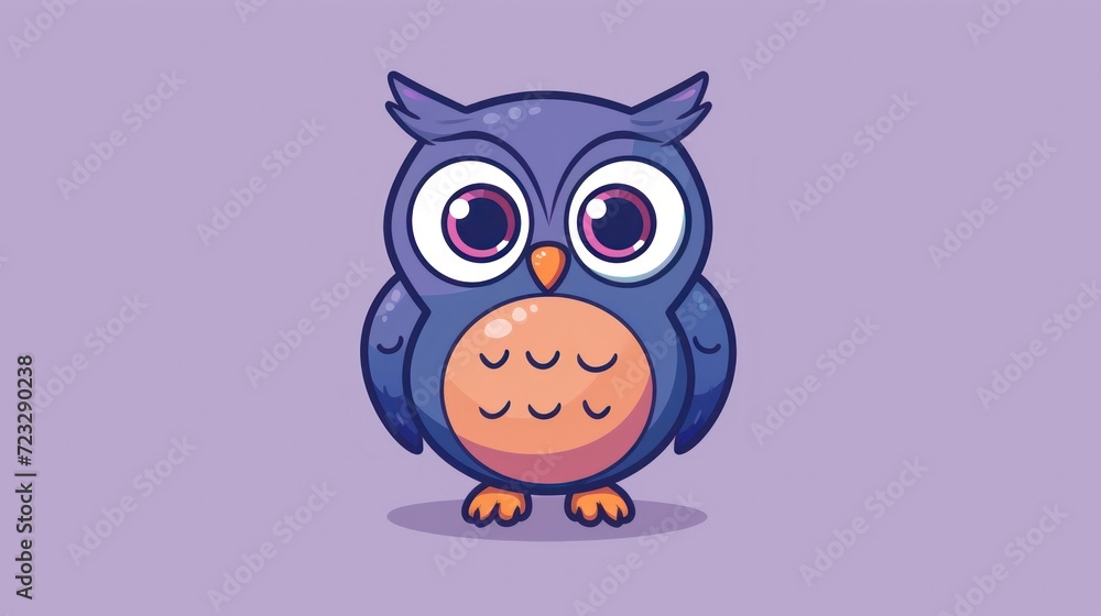  an owl with big eyes sitting on a purple background with a purple background and a purple background with an orange and blue owl on it's legs and a.