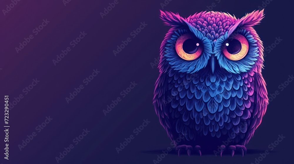  a purple and blue owl sitting on top of a purple and purple background with an orange circle in the center of the owl's eyes and a yellow circle in the center of the owl's eyes.