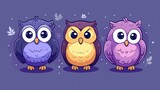  a group of three owls sitting next to each other on a purple background with leaves and snowflakes on the bottom half of the image and bottom half of the image.