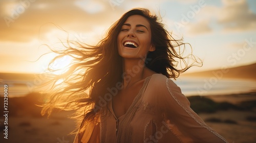 A brunette latina woman raising her arms in happiness on the dunes with her back to the sea