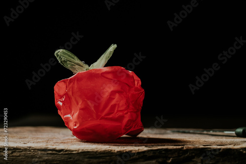A red plastic bag sculpted to resemble a vegetable or fruit on a wooden surface against a black background photo