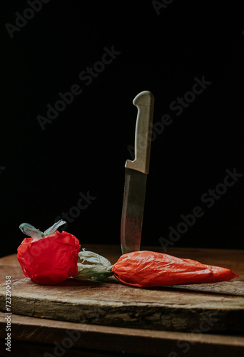 Plastic bags crafted to resemble a tomato and carrot alongside a kitchen knife on a rustic wooden chopping board photo