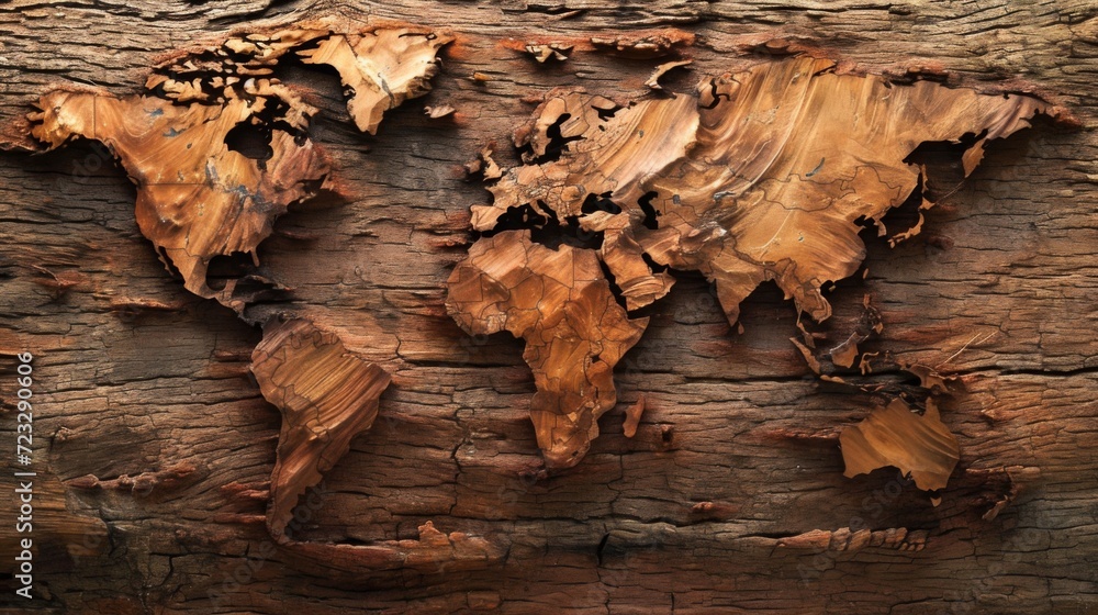 World map made of wood. All continents of the wooden world World map made of wood. All continents of the wooden world