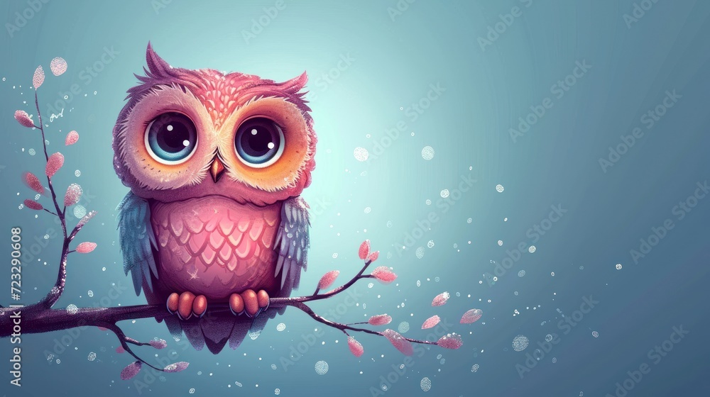  a painting of an owl sitting on a branch of a tree with pink flowers in the foreground and blue sky in the background, with bubbles of light blue.