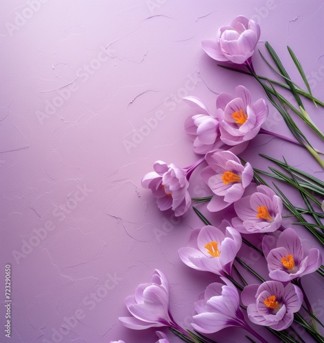 Spring flatlay background for text with colorful flowers. Pastel purple texture background with pink and purple crocus.. Product mockup scene creator.
