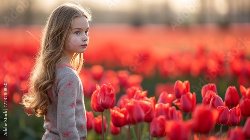 A beautiful young girl walks through a field with blooming tulips