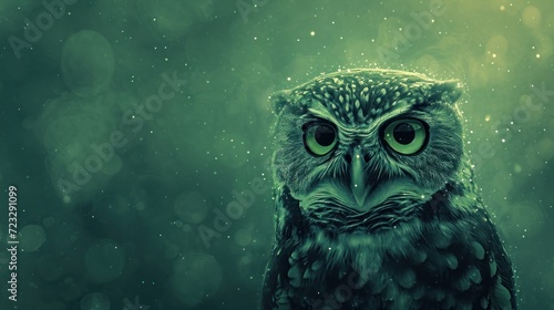  a close up of an owl with green eyes and a black body with white dots on it's head, with a blurry background of raindrops. photo