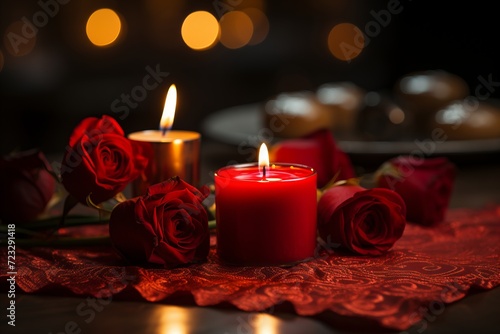 Romantic ambiance with elegant red candles and beautiful roses on a crimson tablecloth