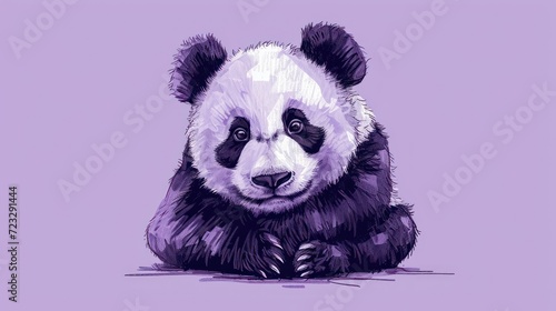  a black and white panda bear sitting on top of a purple background and looking at the camera with a sad look on its face, with its eyes wide open.